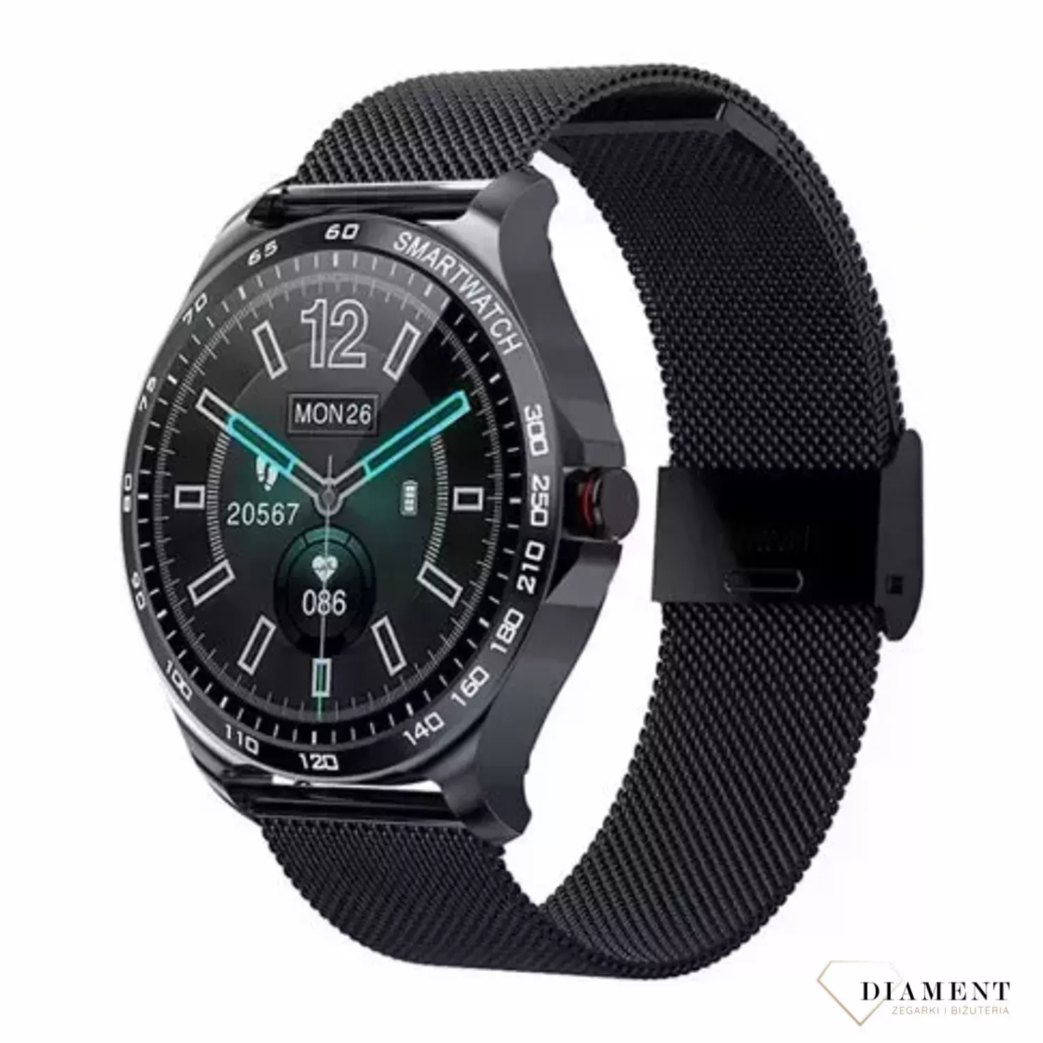 Smartwatch Garett Sport Factory RT stalowy na czarnej bransolecie typu mesch (1).webp